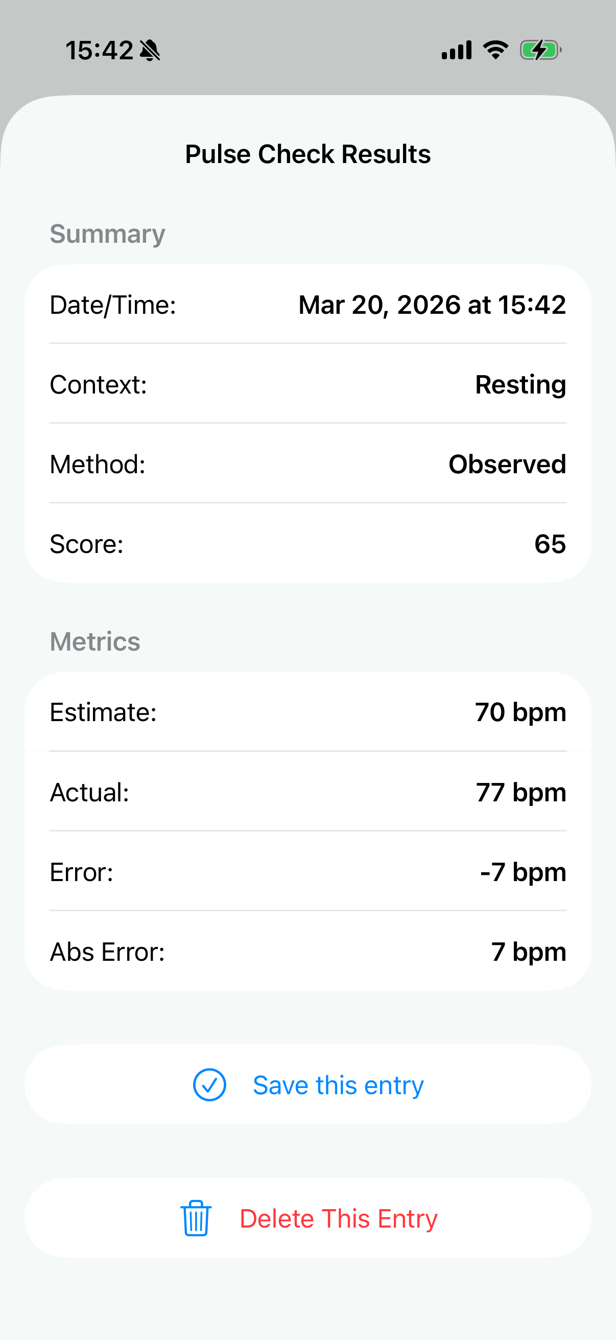 InteroHB Pulse Check Results screenshot